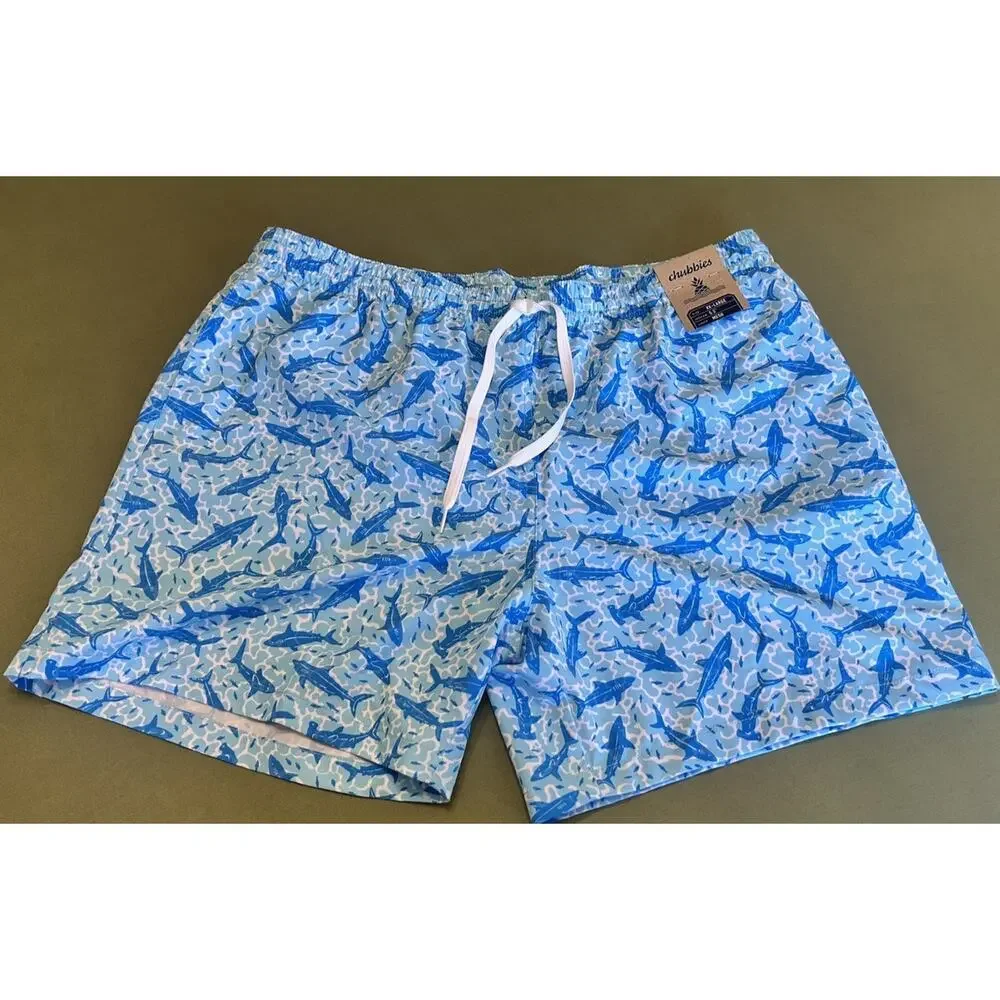 Chubbies The Shark Sides Swim Trunks Blue Shark Print NWT Men’s XXL